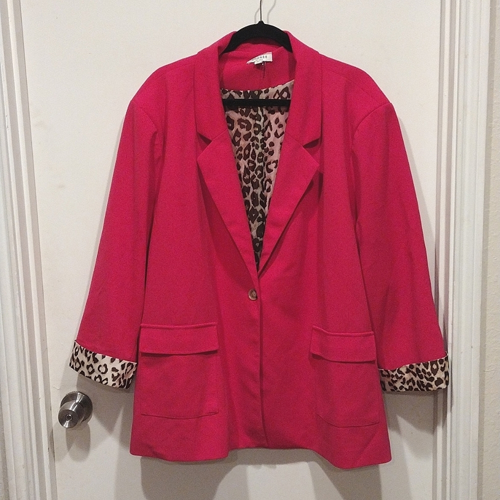 Hot Pink Women's Blazer with Leopard Trim